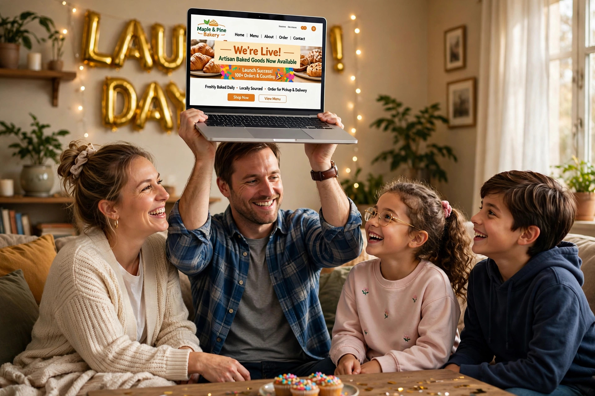 Dad proudly showing his new website to the family