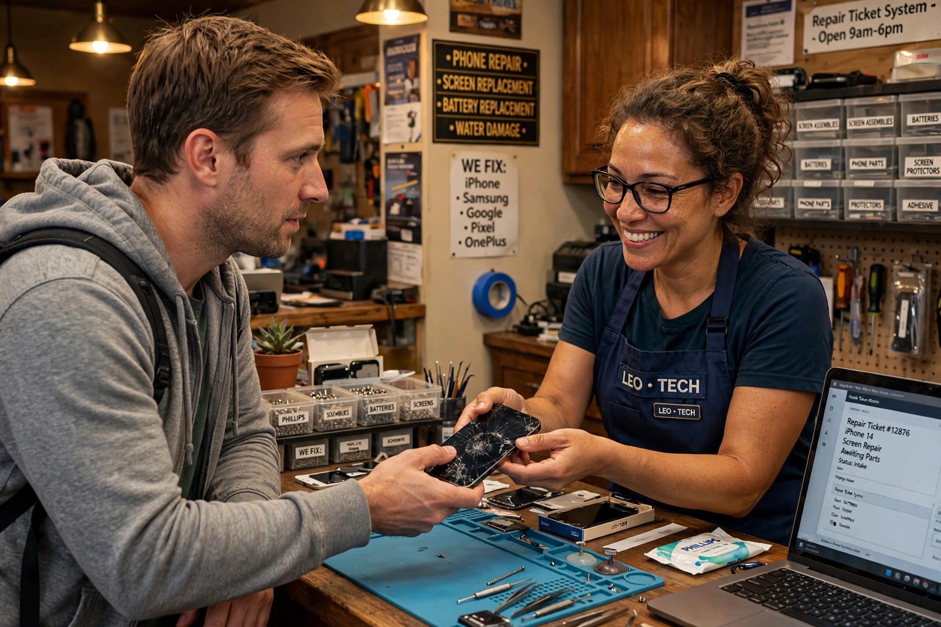 Photo of a smiling customer handing her cracked phone to a technician at the repair counter