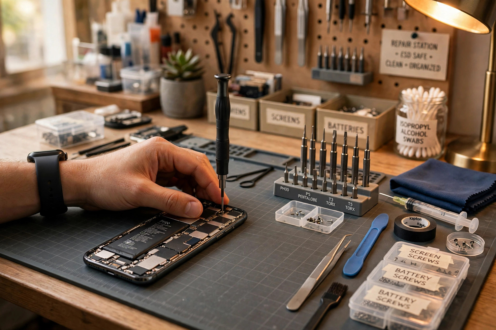 Technician repairing a smartphone at the workbench