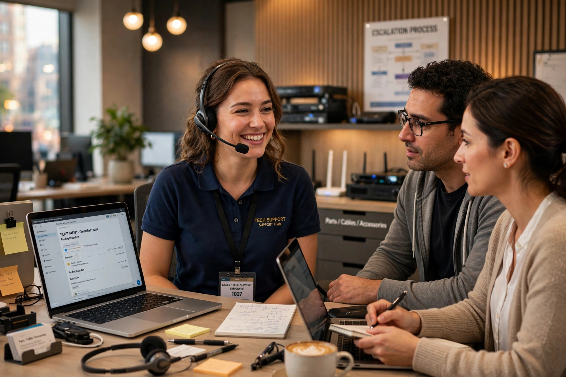 Photo of a support tech wearing a headset, helping customers remotely